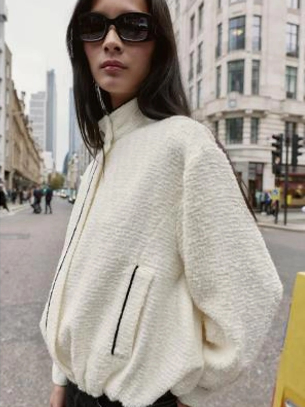 Zara Tweed Textured Cream Bomber Jacket with Black Trim